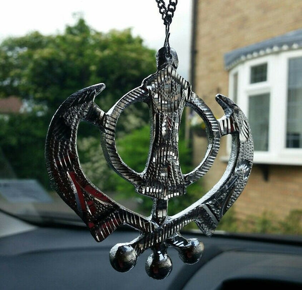 Wide silver aluminium khanda punjabi sikh pendant car rear mirror hanging chain