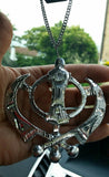 Wide silver aluminium khanda punjabi sikh pendant car rear mirror hanging chain