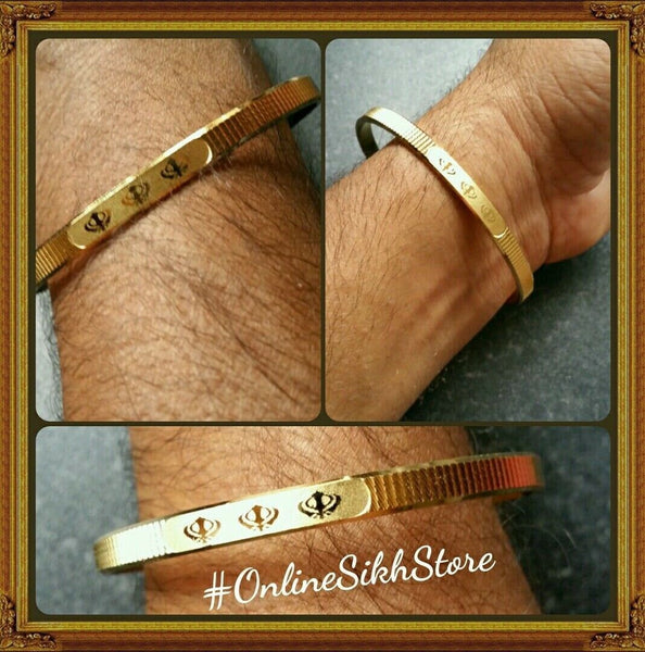 Sikh Kara Gold Plated Laser engraved Khanda Singh Karra Khalsa Kada Bangle QE2