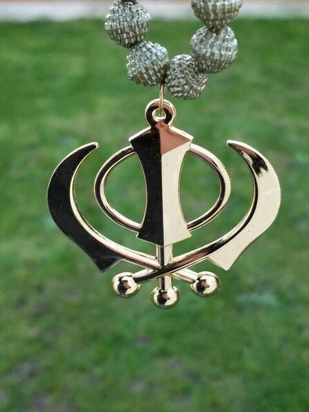 Pendente Per Specchietto Auto In Acrilico Bianco - Simbolo Sikh Khanda Con Perline - OnlineSikhStore - Foto 1