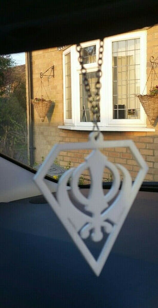 White Acrylic Khanda Punjabi Sikh Pendant Singh Kaur Car Mirror Hanging chain
