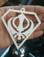 White Acrylic Khanda Punjabi Sikh Pendant Singh Kaur Car Mirror Hanging chain