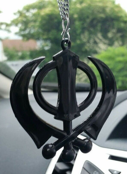 Black acrylic khanda punjabi sikh singh kaur pendant car rear mirror hanging ss1