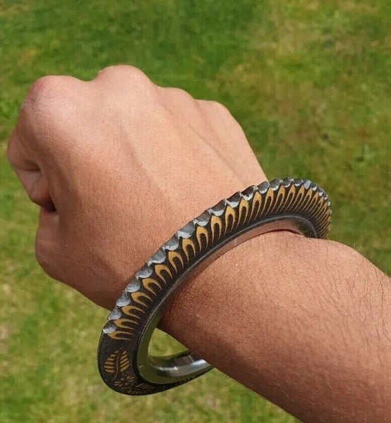 Sarbloh Tooth Kara Floral design Chakri Karha Punjabi Kada Sikh Singh Bangle N10R