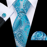 Barry.Wang Navy Royal Sky Blue Silk Men Tie Hanky Cufflinks Set Jacquard Teal Cyan Turquoise Necktie for Male Wedding Business