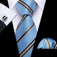Barry.Wang Navy Royal Sky Blue Silk Men Tie Hanky Cufflinks Set Jacquard Teal Cyan Turquoise Necktie for Male Wedding Business