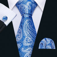 Barry.Wang Navy Royal Sky Blue Silk Men Tie Hanky Cufflinks Set Jacquard Teal Cyan Turquoise Necktie for Male Wedding Business