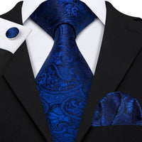 Barry.Wang Navy Royal Sky Blue Silk Men Tie Hanky Cufflinks Set Jacquard Teal Cyan Turquoise Necktie for Male Wedding Business