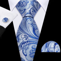 Barry.Wang Navy Royal Sky Blue Silk Men Tie Hanky Cufflinks Set Jacquard Teal Cyan Turquoise Necktie for Male Wedding Business