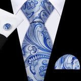 Barry.Wang Navy Royal Sky Blue Silk Men Tie Hanky Cufflinks Set Jacquard Teal Cyan Turquoise Necktie for Male Wedding Business