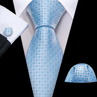 Barry.Wang Navy Royal Sky Blue Silk Men Tie Hanky Cufflinks Set Jacquard Teal Cyan Turquoise Necktie for Male Wedding Business