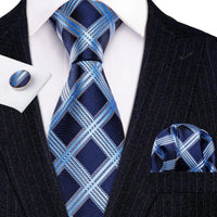 Barry.Wang Navy Royal Sky Blue Silk Men Tie Hanky Cufflinks Set Jacquard Teal Cyan Turquoise Necktie for Male Wedding Business