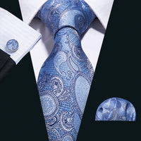 Barry.Wang Navy Royal Sky Blue Silk Men Tie Hanky Cufflinks Set Jacquard Teal Cyan Turquoise Necktie for Male Wedding Business