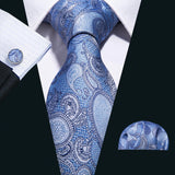 Barry.Wang Navy Royal Sky Blue Silk Men Tie Hanky Cufflinks Set Jacquard Teal Cyan Turquoise Necktie for Male Wedding Business