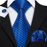 Barry.Wang Navy Royal Sky Blue Silk Men Tie Hanky Cufflinks Set Jacquard Teal Cyan Turquoise Necktie for Male Wedding Business