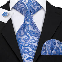 Barry.Wang Navy Royal Sky Blue Silk Men Tie Hanky Cufflinks Set Jacquard Teal Cyan Turquoise Necktie for Male Wedding Business