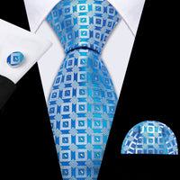 Barry.Wang Navy Royal Sky Blue Silk Men Tie Hanky Cufflinks Set Jacquard Teal Cyan Turquoise Necktie for Male Wedding Business