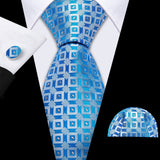 Barry.Wang Navy Royal Sky Blue Silk Men Tie Hanky Cufflinks Set Jacquard Teal Cyan Turquoise Necktie for Male Wedding Business