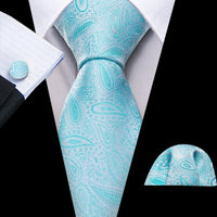 Barry.Wang Navy Royal Sky Blue Silk Men Tie Hanky Cufflinks Set Jacquard Teal Cyan Turquoise Necktie for Male Wedding Business