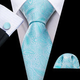 Barry.Wang Navy Royal Sky Blue Silk Men Tie Hanky Cufflinks Set Jacquard Teal Cyan Turquoise Necktie for Male Wedding Business