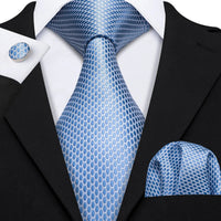 Barry.Wang Navy Royal Sky Blue Silk Men Tie Hanky Cufflinks Set Jacquard Teal Cyan Turquoise Necktie for Male Wedding Business