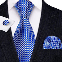 Barry.Wang Navy Royal Sky Blue Silk Men Tie Hanky Cufflinks Set Jacquard Teal Cyan Turquoise Necktie for Male Wedding Business
