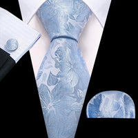 Barry.Wang Navy Royal Sky Blue Silk Men Tie Hanky Cufflinks Set Jacquard Teal Cyan Turquoise Necktie for Male Wedding Business