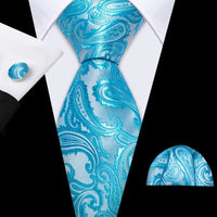 Barry.Wang Navy Royal Sky Blue Silk Men Tie Hanky Cufflinks Set Jacquard Teal Cyan Turquoise Necktie for Male Wedding Business