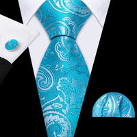 Barry.Wang Navy Royal Sky Blue Silk Men Tie Hanky Cufflinks Set Jacquard Teal Cyan Turquoise Necktie for Male Wedding Business