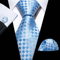 Barry.Wang Navy Royal Sky Blue Silk Men Tie Hanky Cufflinks Set Jacquard Teal Cyan Turquoise Necktie for Male Wedding Business