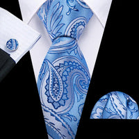 Barry.Wang Navy Royal Sky Blue Silk Men Tie Hanky Cufflinks Set Jacquard Teal Cyan Turquoise Necktie for Male Wedding Business