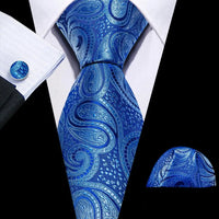 Barry.Wang Navy Royal Sky Blue Silk Men Tie Hanky Cufflinks Set Jacquard Teal Cyan Turquoise Necktie for Male Wedding Business
