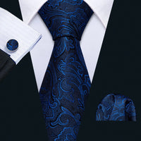 Barry.Wang Navy Royal Sky Blue Silk Men Tie Hanky Cufflinks Set Jacquard Teal Cyan Turquoise Necktie for Male Wedding Business