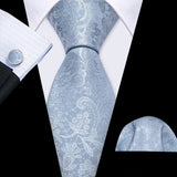 Barry.Wang Navy Royal Sky Blue Silk Men Tie Hanky Cufflinks Set Jacquard Teal Cyan Turquoise Necktie for Male Wedding Business