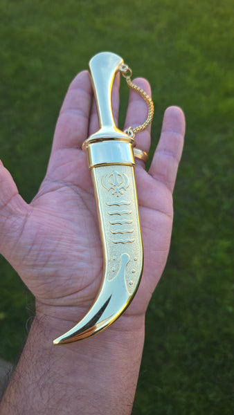 Gold plated Stainless Steel Kirpan Sikh Siri Sahib Singh Diamond Design Khanda Engraved F51R
