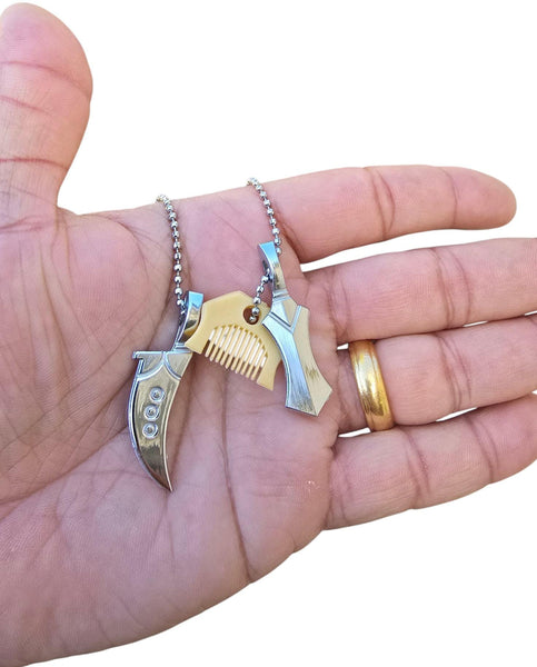 Sikh Punjabi Stainless Steel Khanda Kirpan Comb in ball chain singh khalsa QQ-G Pendant Locket Amulet Talisman Good Luck Charm Positive Vibe
