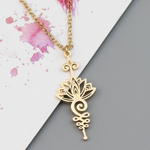 Stainless Steel Lotus Flower Unalome Necklace Yoga Buddhism Necklaces for Women Vintage Amulet Pendant Jewelry Birthday Gifts