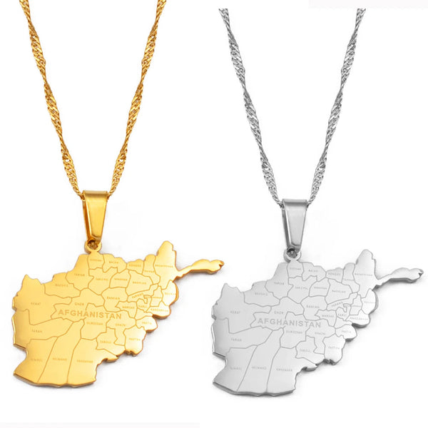 Anniyo Afghanistan Map With Cities Name Pendant Necklaces for Women,Gold Color Afghan Maps Jewelry #211921