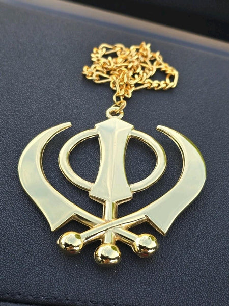 Sikh Punjabi Gold Plated Khanda Kirpan Comb Black Thread Singh Khalsa Necklace Gift