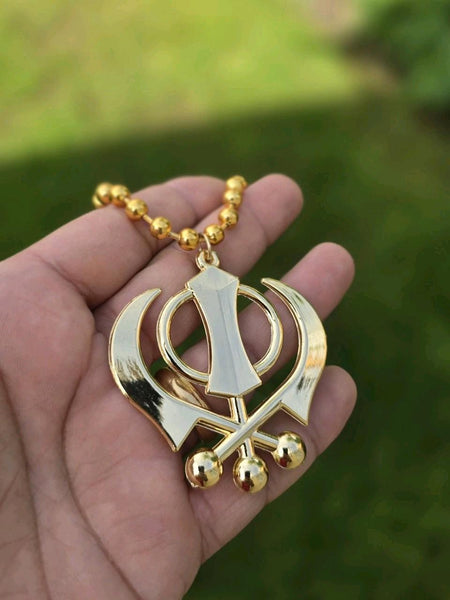 Golden Metal Khanda Sahib Car Hanging - Large Sikh Symbol Ornament For Rear View Mirror