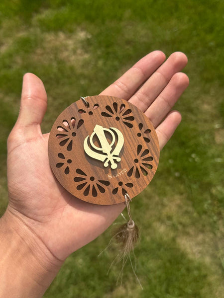 Wooden Khanda Hanger Car Mirror Sikh Singh Khalsa Pendant Floral Ornament ZZ2
