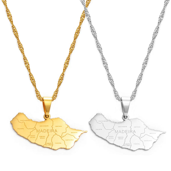 Anniyo Madeira Map Portugal Pendant Necklaces for Women Girls Gold Color Silver Color Jewelry #165121