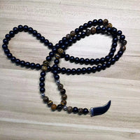 8mm Matte Black Onyx Yellow Tiger Eye Beads 108 Mala Necklace with Hematite Bull Horn Pendant