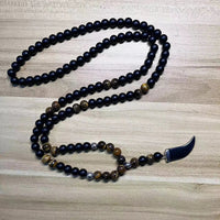 8mm Matte Black Onyx Yellow Tiger Eye Beads 108 Mala Necklace with Hematite Bull Horn Pendant