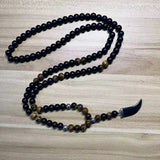 8mm Matte Black Onyx Yellow Tiger Eye Beads 108 Mala Necklace with Hematite Bull Horn Pendant