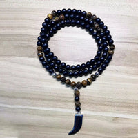 8mm Matte Black Onyx Yellow Tiger Eye Beads 108 Mala Necklace with Hematite Bull Horn Pendant