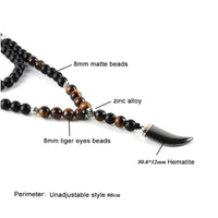 8mm Matte Black Onyx Yellow Tiger Eye Beads 108 Mala Necklace with Hematite Bull Horn Pendant