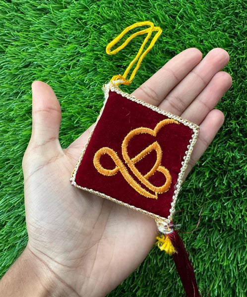 Sikh Car Hanger Maroon Ik Onkar Khanda Kite Singh Kaur Car Mirror Hanger Embroided CONV1