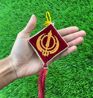 Sikh Car Hanger Maroon Ik Onkar Khanda Kite Singh Kaur Car Mirror Hanger Embroided CONV1