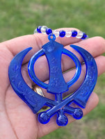 Sikh Khanda Hanger for Car Rear Mirror Blue Pendant Punjabi Kaur Singh Mala RRQ Acrylic Matching beads Evil Eye Protection Nazar Shield